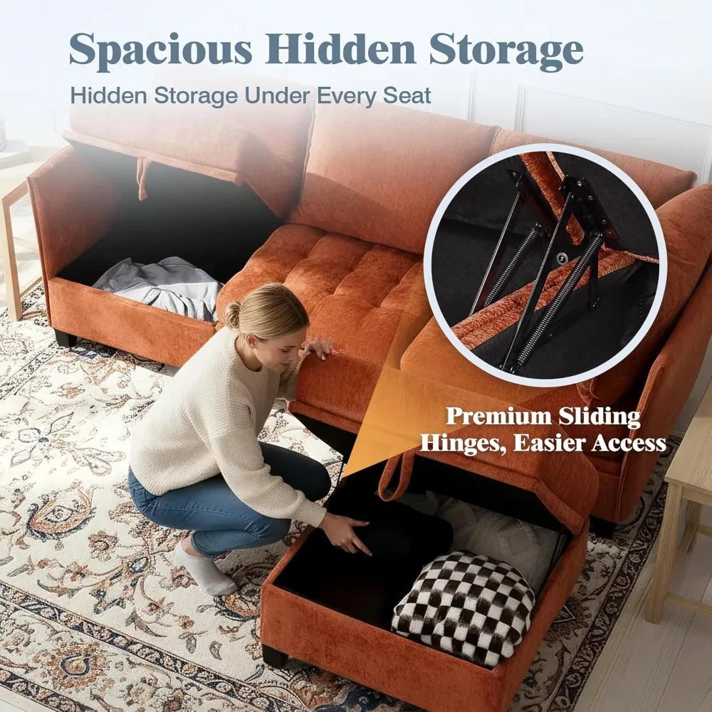 Oversized L Shaped Chenille Sectional Sofa With Storage Living Room
