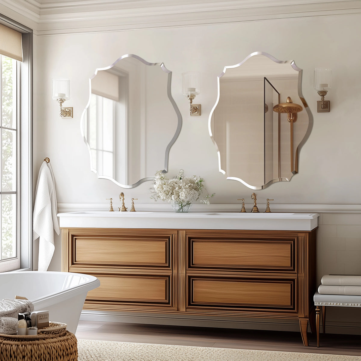 Wisfor Scalloped Frameless Beveled Edge Wall Mirror for Bathroom Vanity