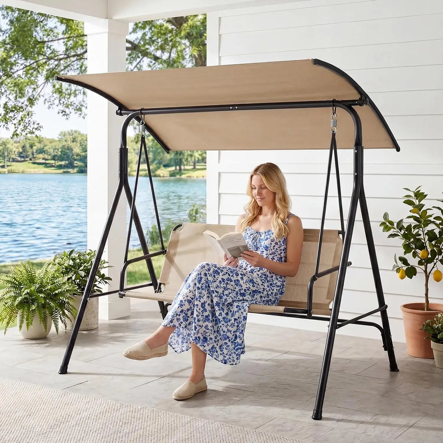 Three-Person Porch Swing With Adjustable Canopy And Sturdy Metal Frame