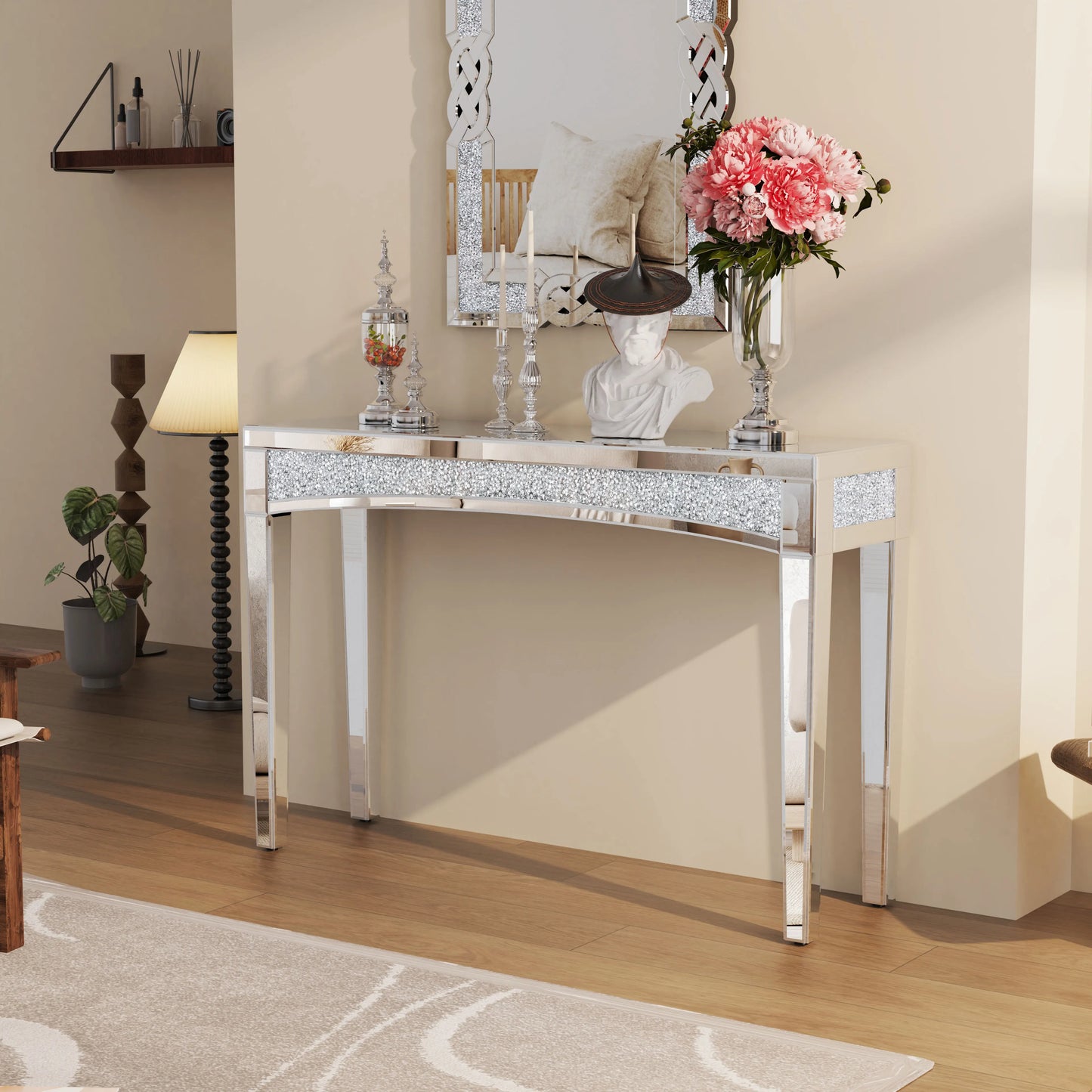Mirrored Console Table With Crystal Inlay For Living Room Entryway