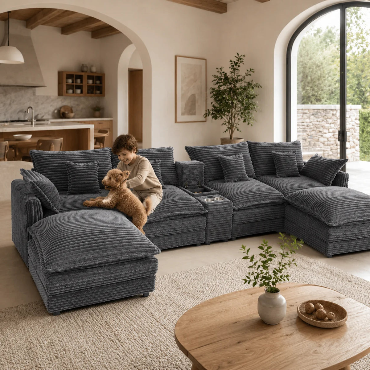 European Corduroy Modular Sofa Sectional With Console And Table
