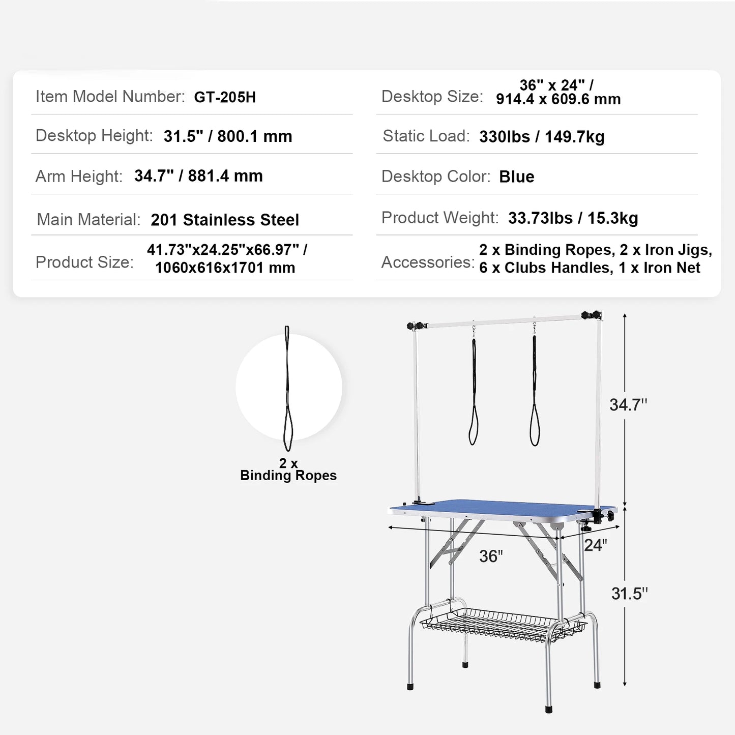 Grooming Table With Dual Arms And Clamp For Dogs Foldable
