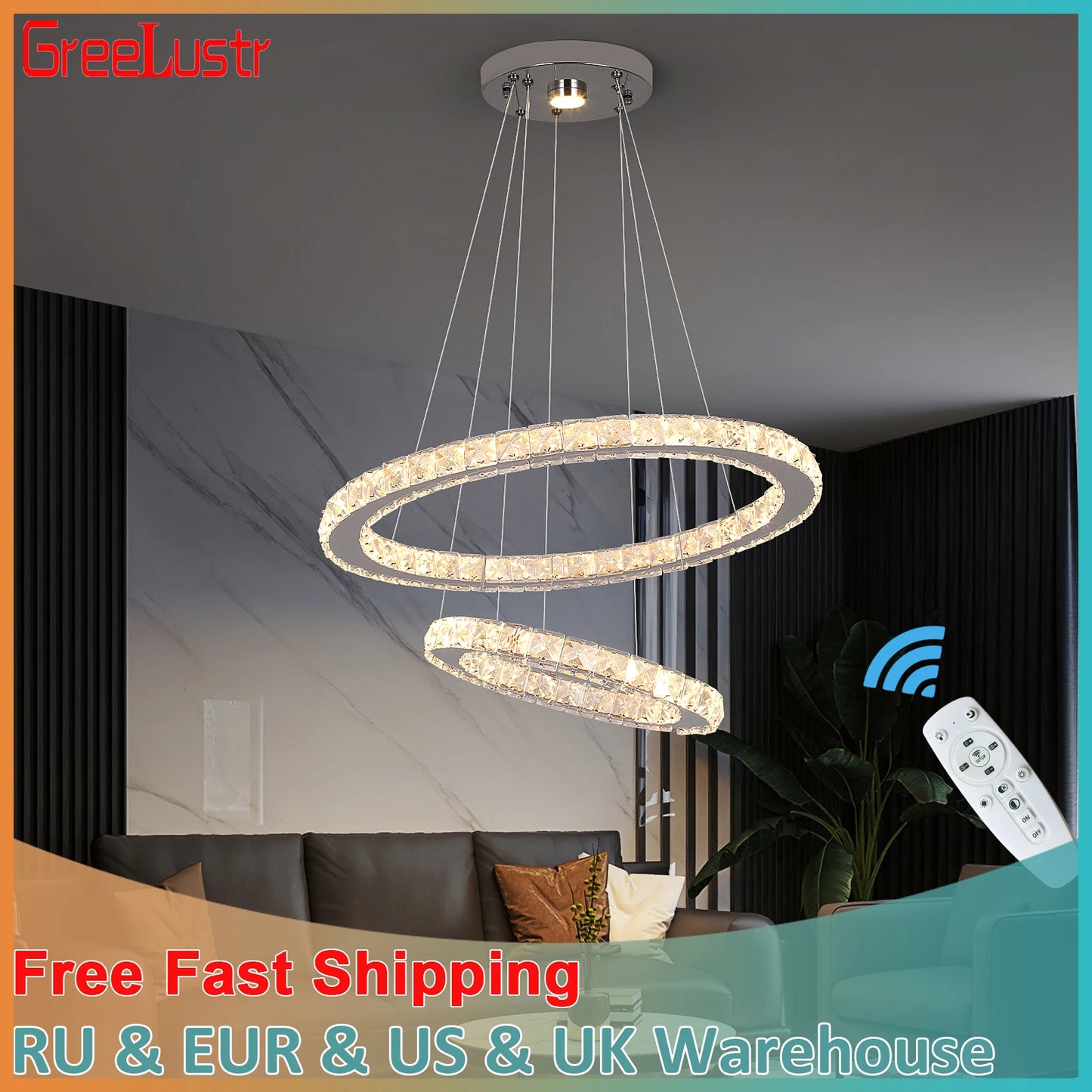 GreeLustr Modern LED Pendant Light Crystal Rings Chandelier