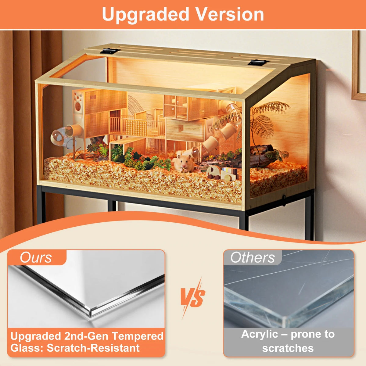 Wooden Chewproof Hamster Cage with Tempered Glass and LED Lighting