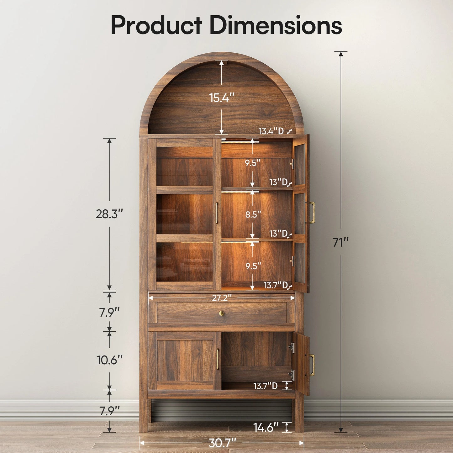 Cottinch Arched Wood Storage Cabinet With Adjustable Shelves Dimmable LED