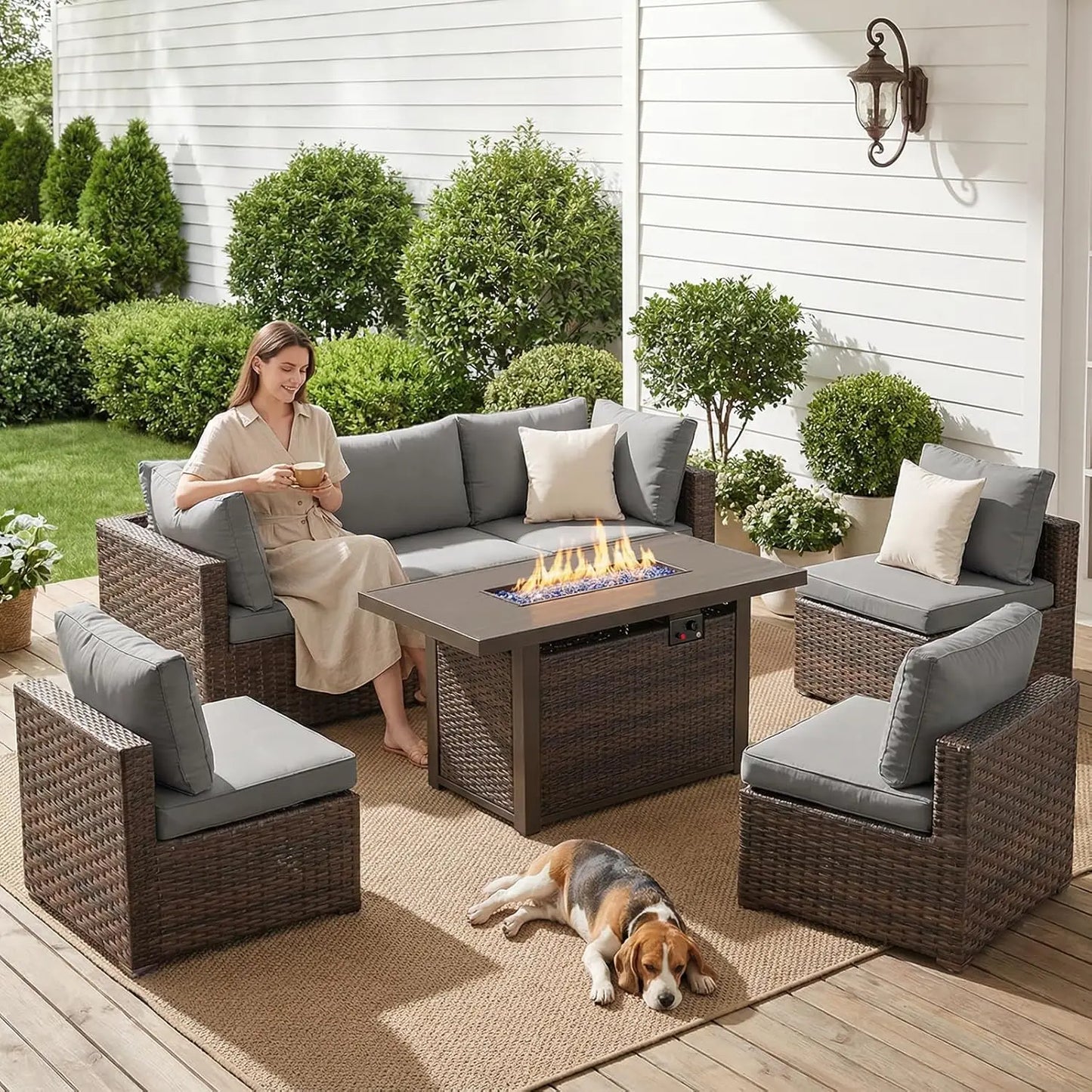 XIAOLANG 7-Piece Outdoor Patio Furniture Set With Fire Pit Table