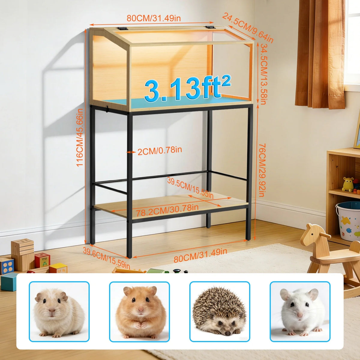 Wooden Chewproof Hamster Cage with Tempered Glass and LED Lighting