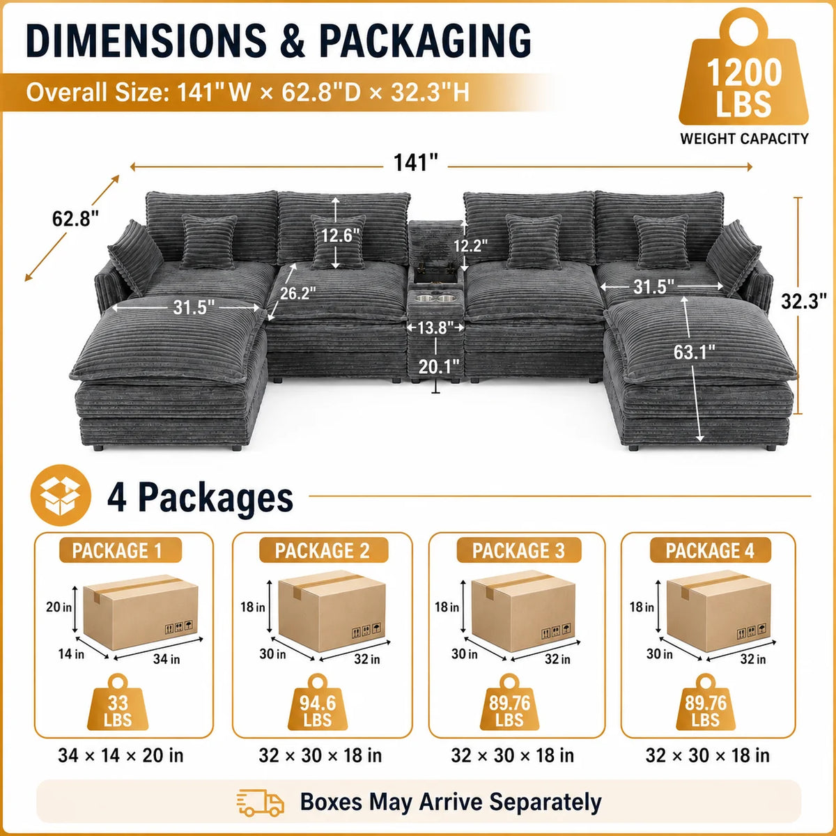 European Corduroy Modular Sofa Sectional With Console And Table