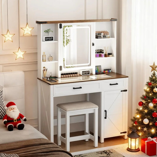 XIAOLANG Farmhouse Vanity Desk With Mirror Lights And Drawers