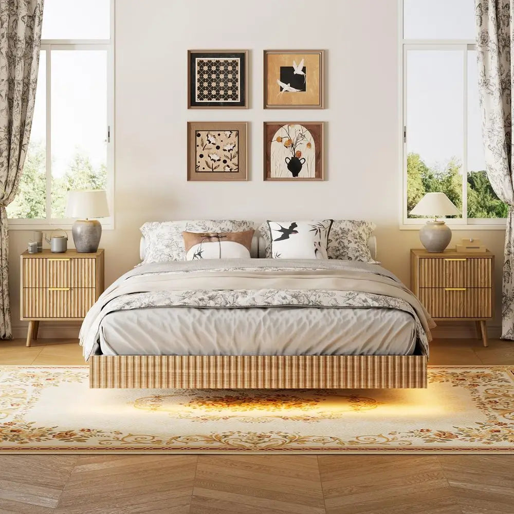 Queen Floating Bed Frame Set With Smart LED Lights Nightstands