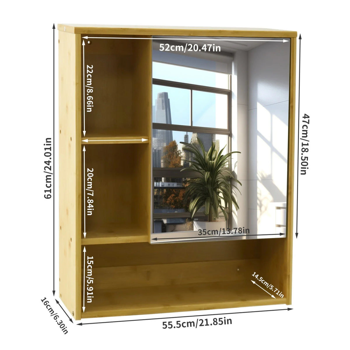 Wall Mounted Bamboo Cabinet With Adjustable Mirror Shelf