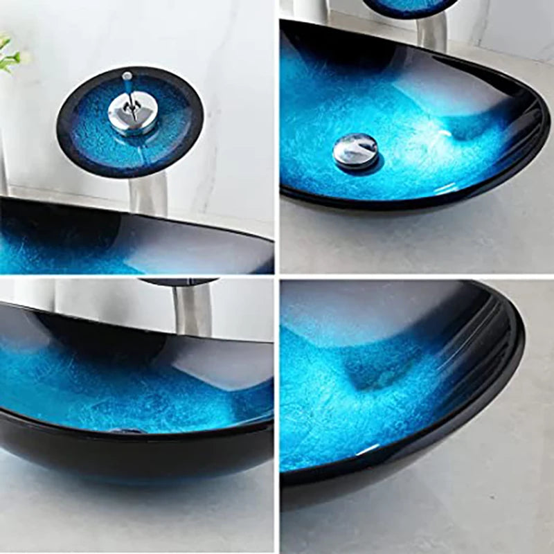 Mekkhala Oval Blue Tempered Glass Vessel Sink With Waterfall Faucet