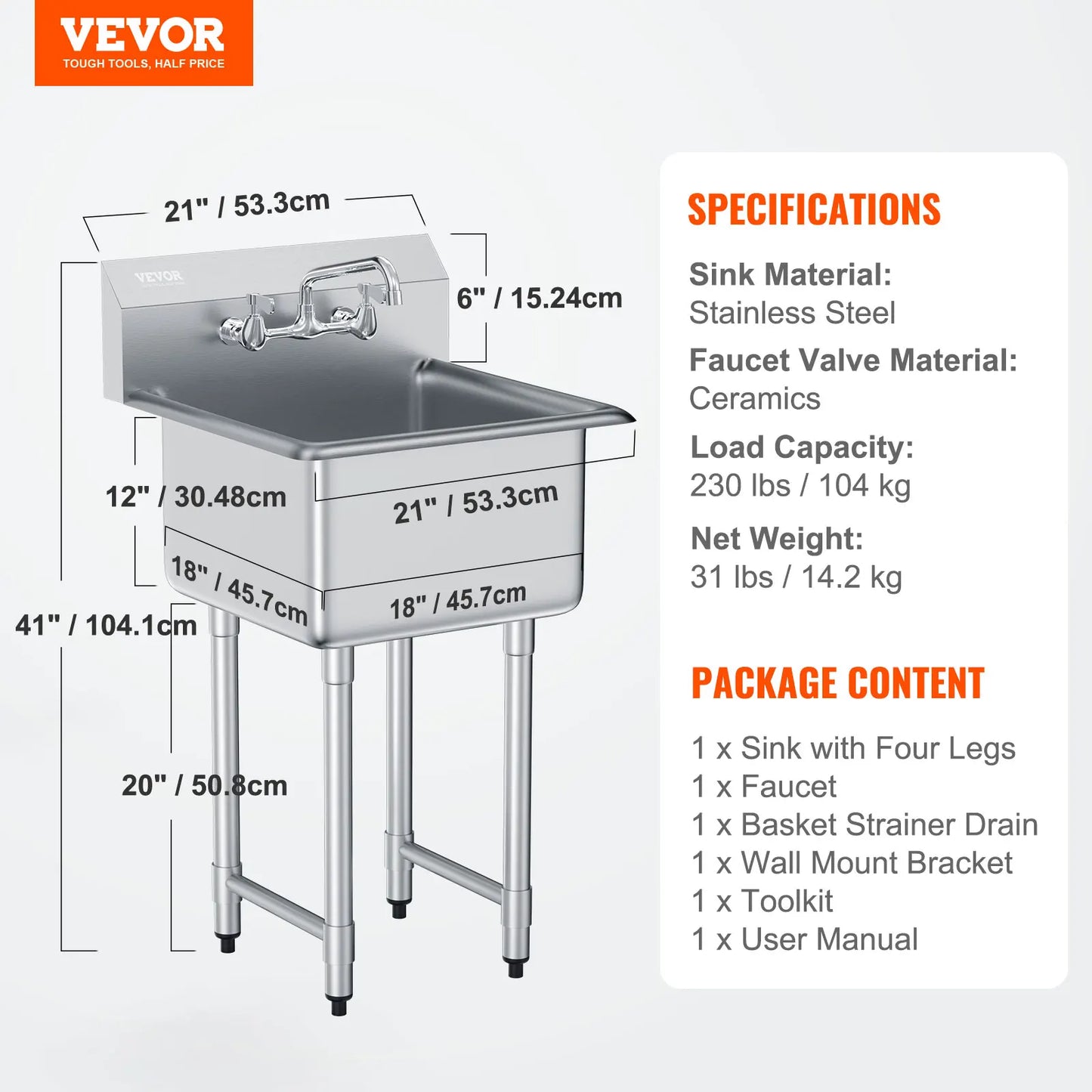 Stainless Steel Kitchen Prep Sink With Faucet 1 Compartment