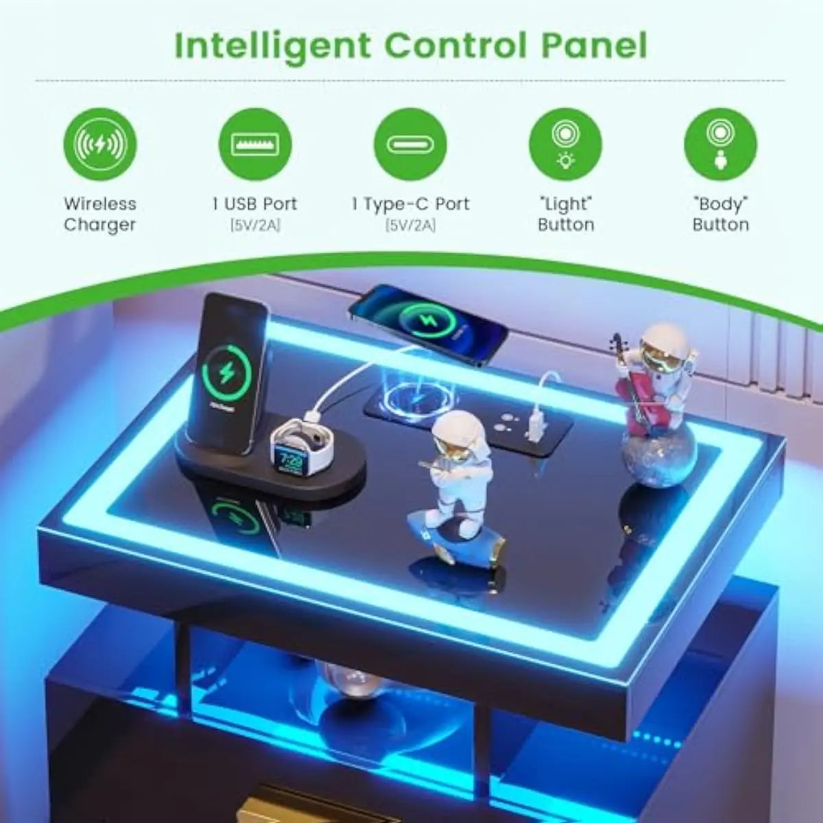 Modern Led Nightstand With Wireless Charging And Usb Ports