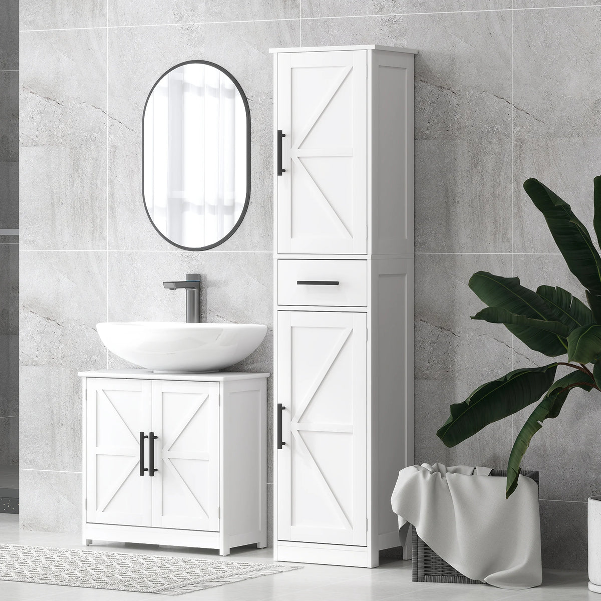 Homcom Narrow Bathroom Storage Cabinet With Barn Doors