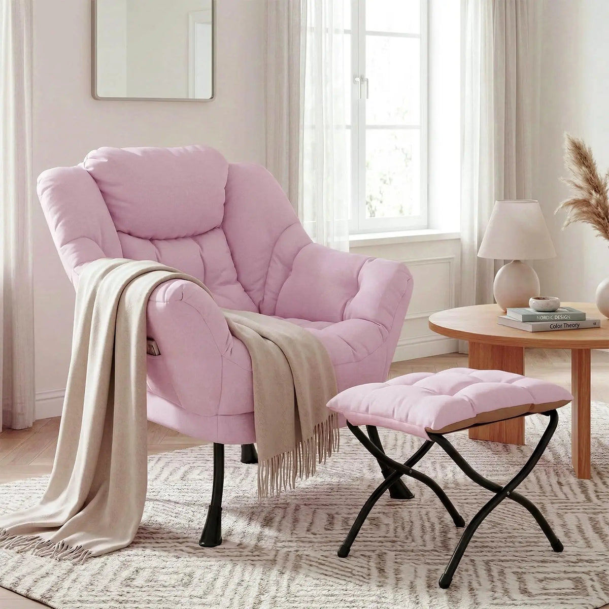 Lazy Chair with Foldable Ottoman,Modern Comfy Lounge Chair,Large Sofa Armchair,Reading Chair,with Footrest,a Side Pocket,non-slip foot pads,for Bedroom,Living Room,Dorm