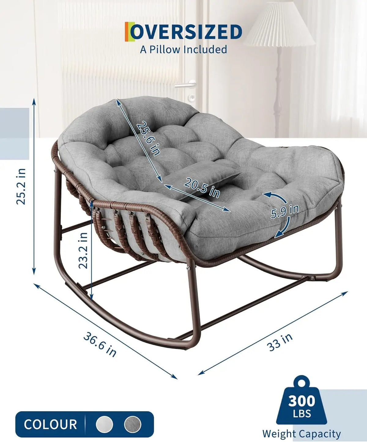 Oversized Outdoor Papasan Egg Rocking Chair Heavy-Duty Frame 300 Lb | Wicker Lounge Patio Rocker with UV-Resistant Cushion Indoor/Outdoor for Porch & Garden