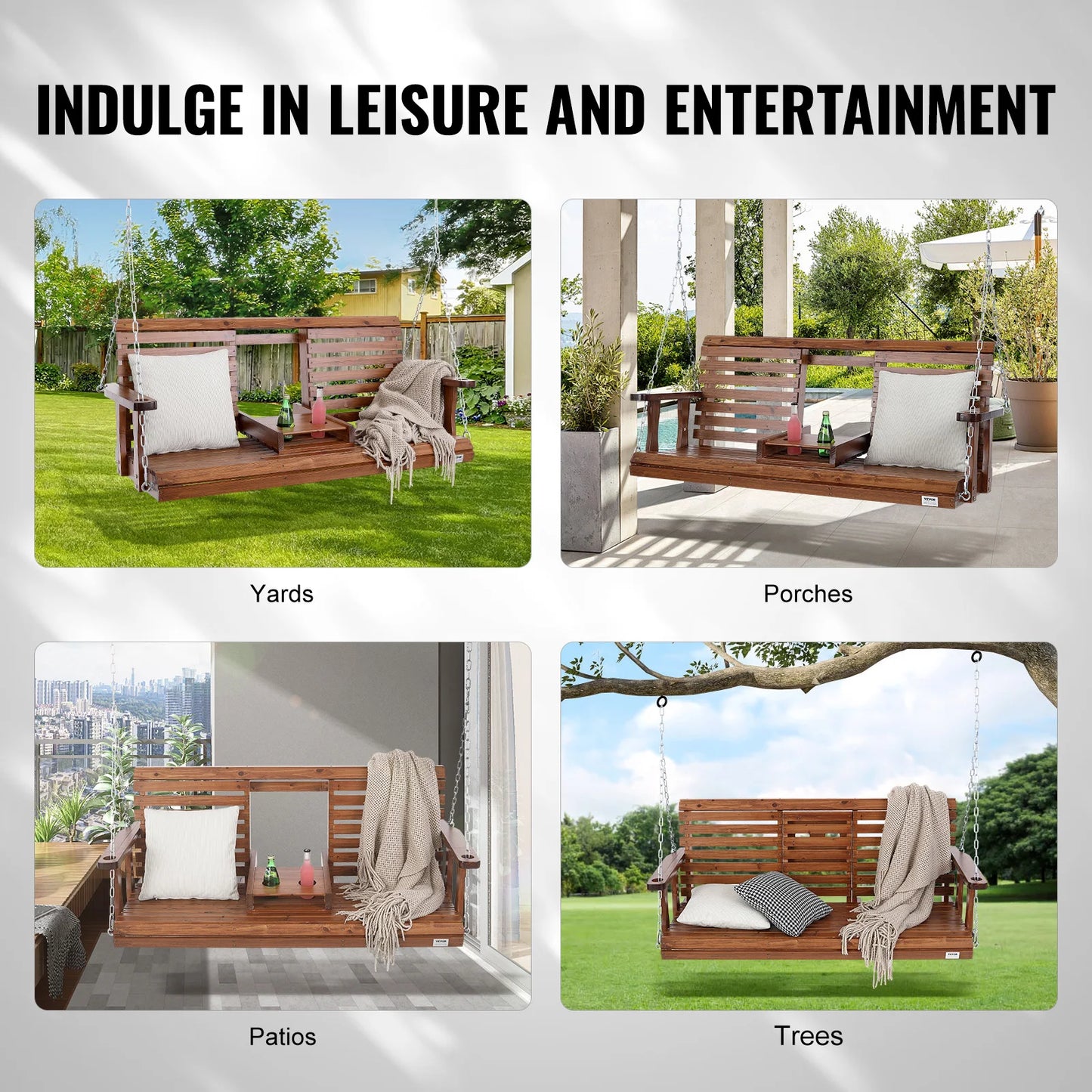 SucceBuy Wooden Porch Swing Outdoor Bench For Courtyard Garden