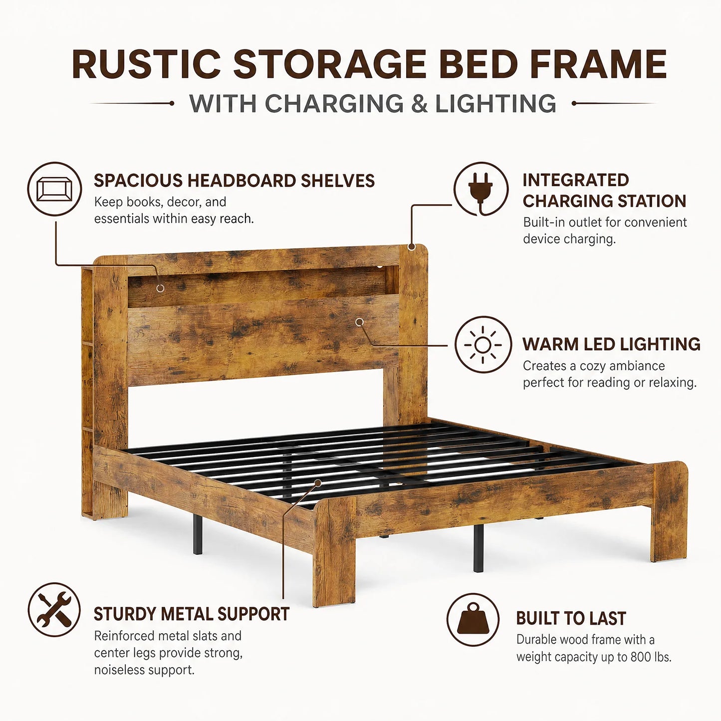 Wooden Platform Bed Frame With Storage Headboard And Charging Station