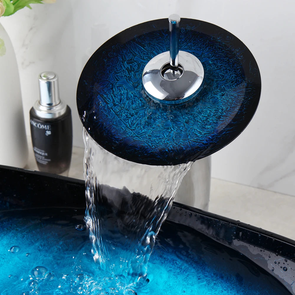 Mekkhala Oval Blue Tempered Glass Vessel Sink With Waterfall Faucet