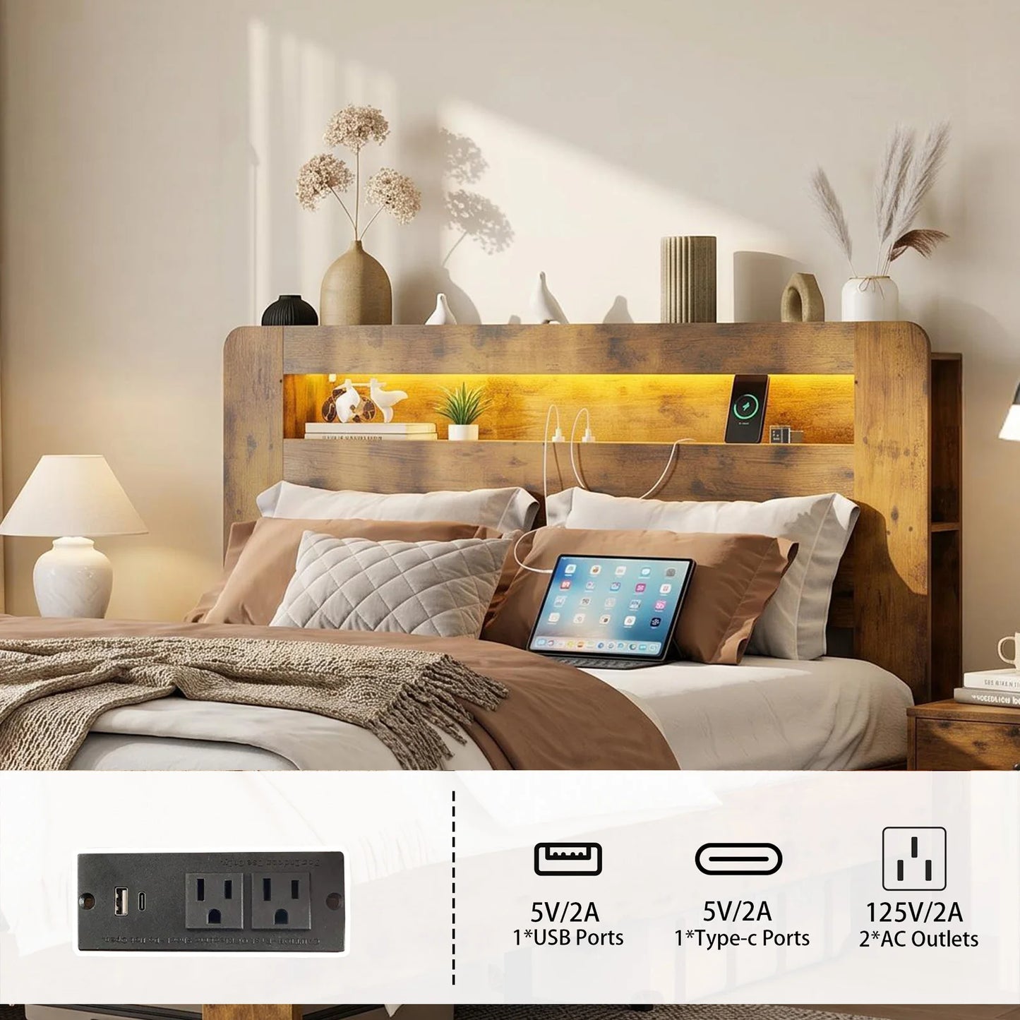 Wooden Platform Bed Frame With Storage Headboard And Charging Station