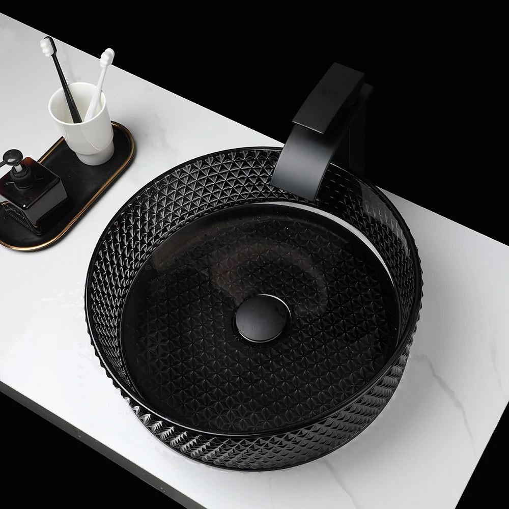 Mekkhala Black Crystal Glass Round Vessel Sink And Faucet Combo