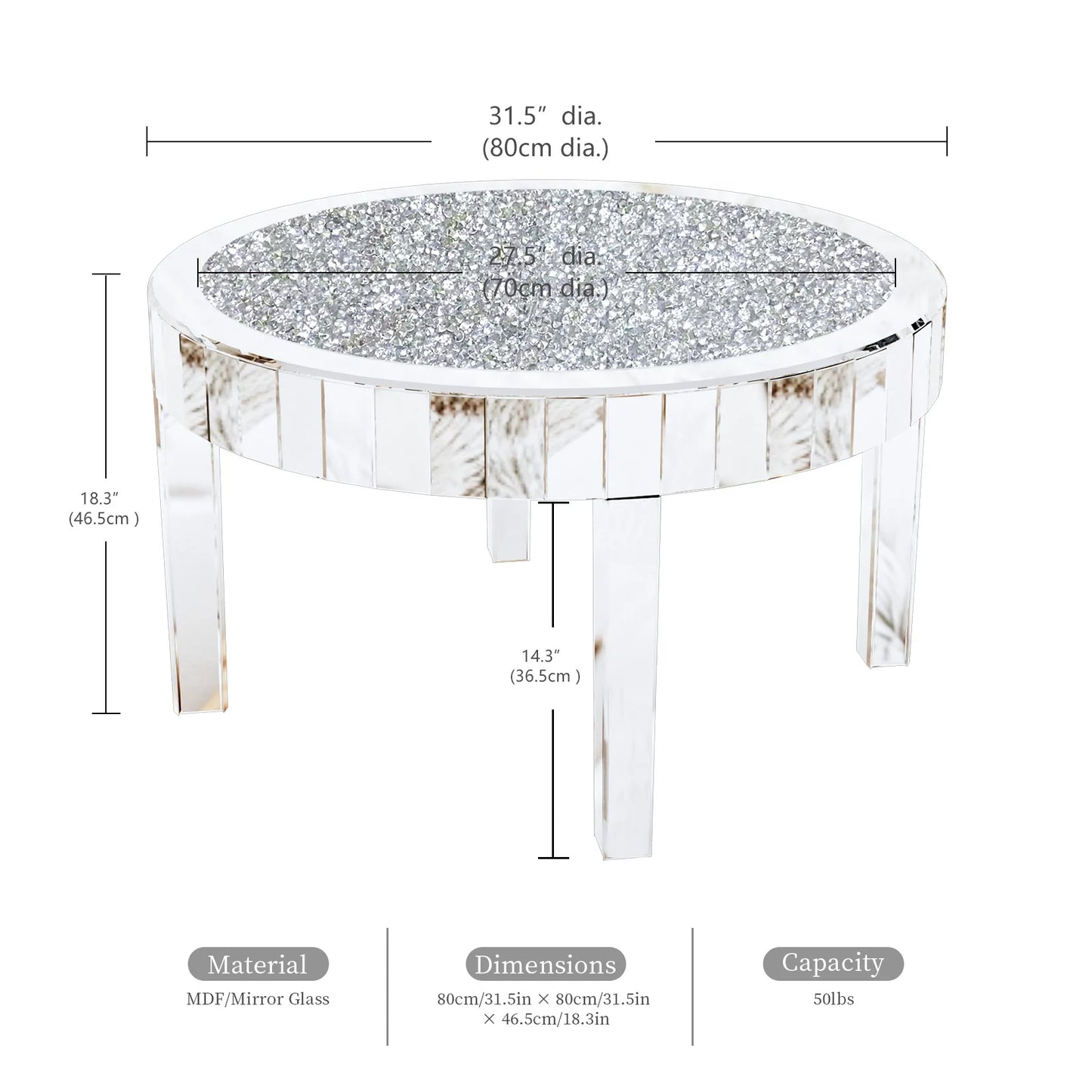 Modern Round Mirrored Coffee Table With Crystal Inlay
