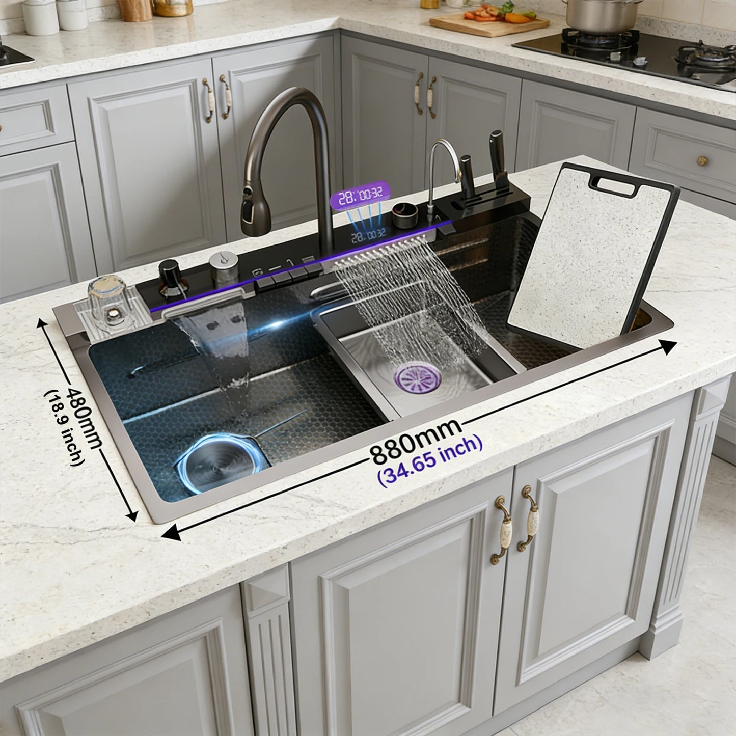 BusySink Modern Stainless Steel Kitchen Sink With Digital Display