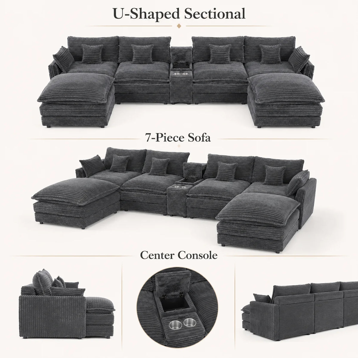 European Corduroy Modular Sofa Sectional With Console And Table