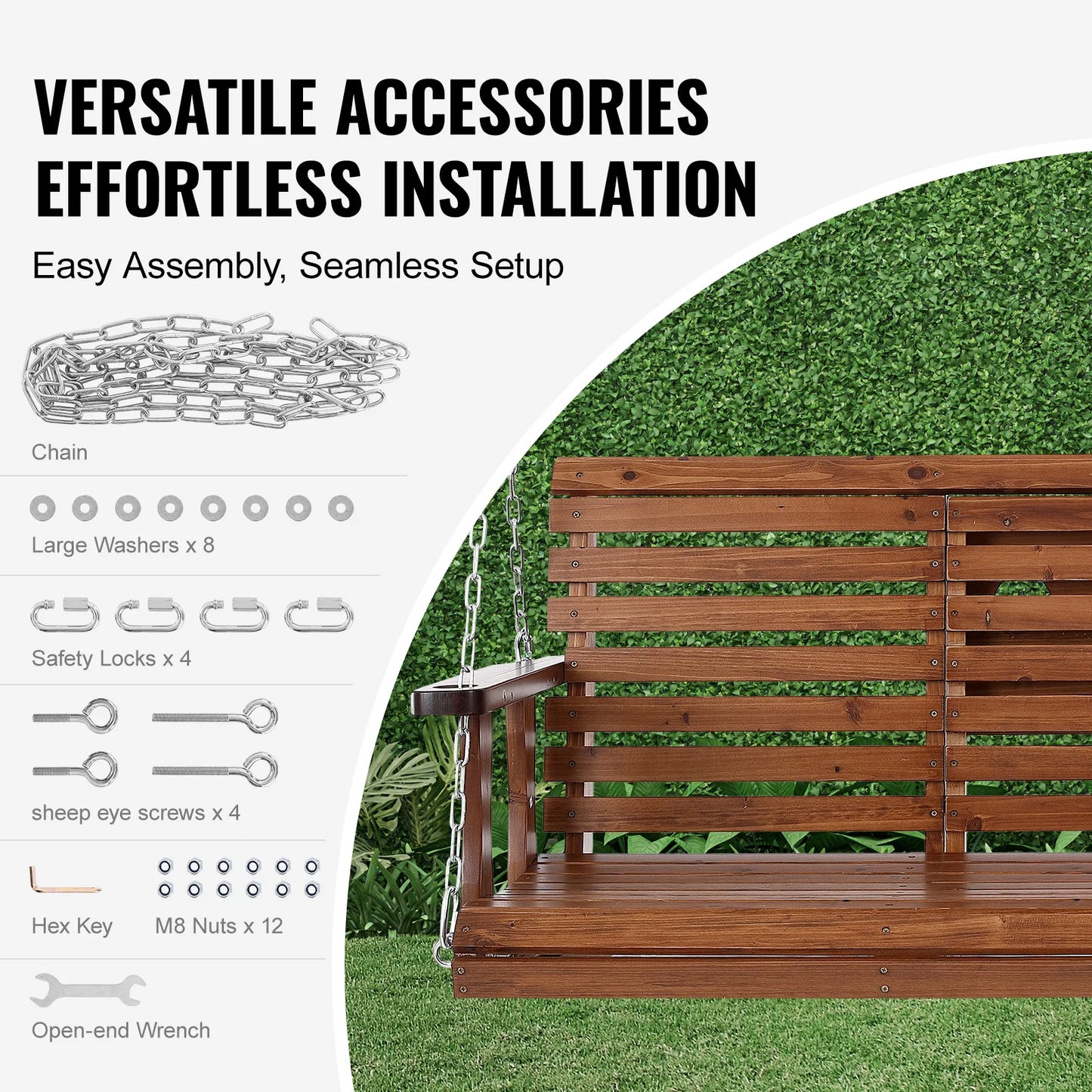 SucceBuy Wooden Porch Swing Outdoor Bench For Courtyard Garden