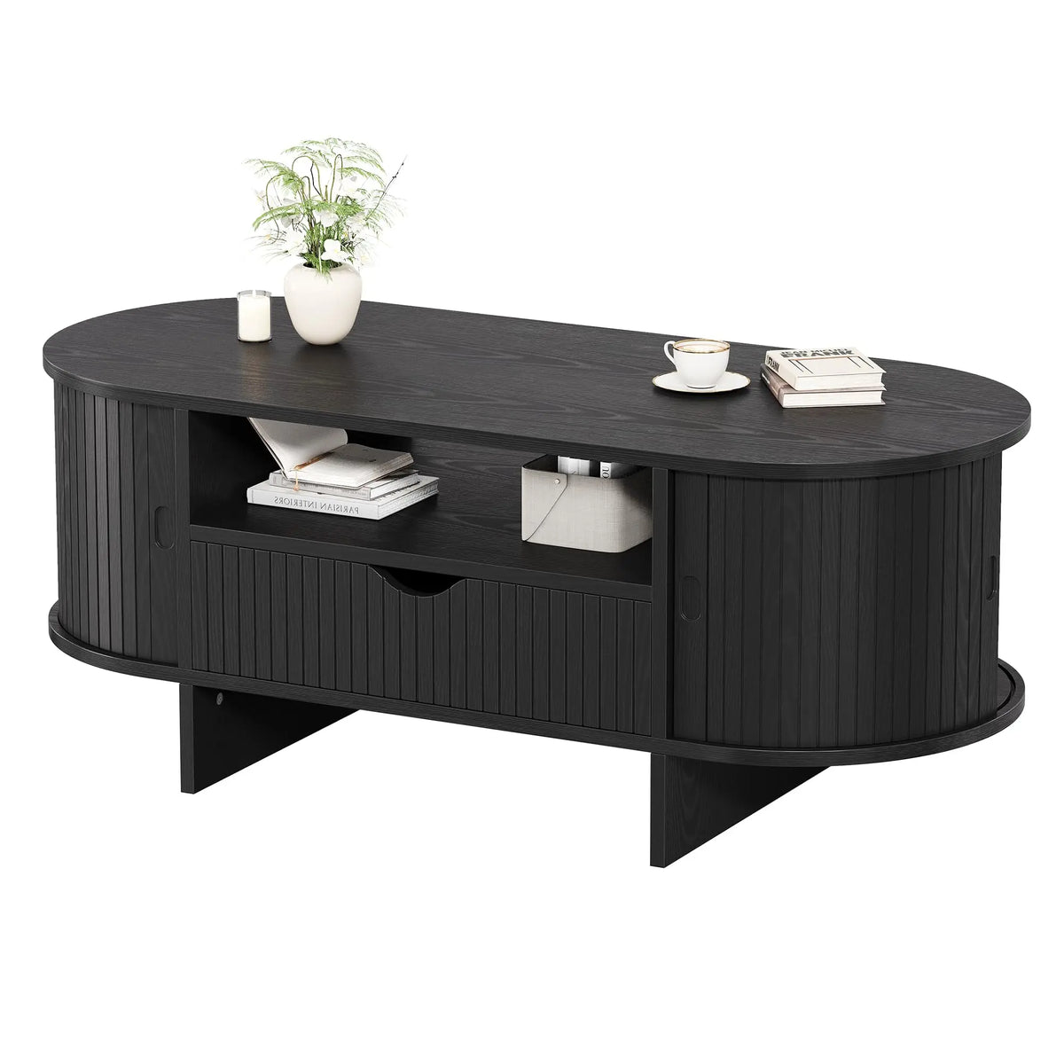 HiMiss Oval Wooden Coffee Table With Storage Drawer Fluted Design