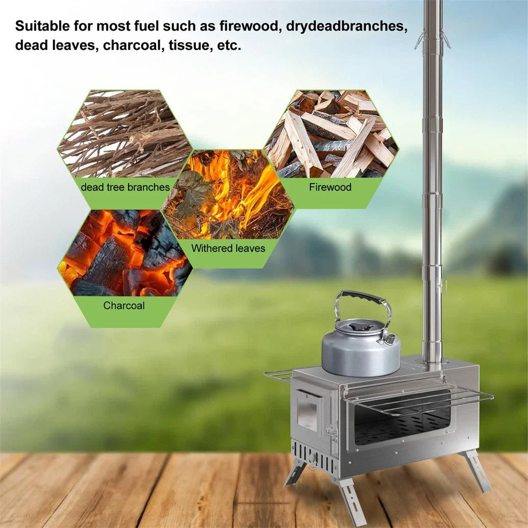 Wood Burning Portable Tent Stove With Six Stainless Chimney Pipes