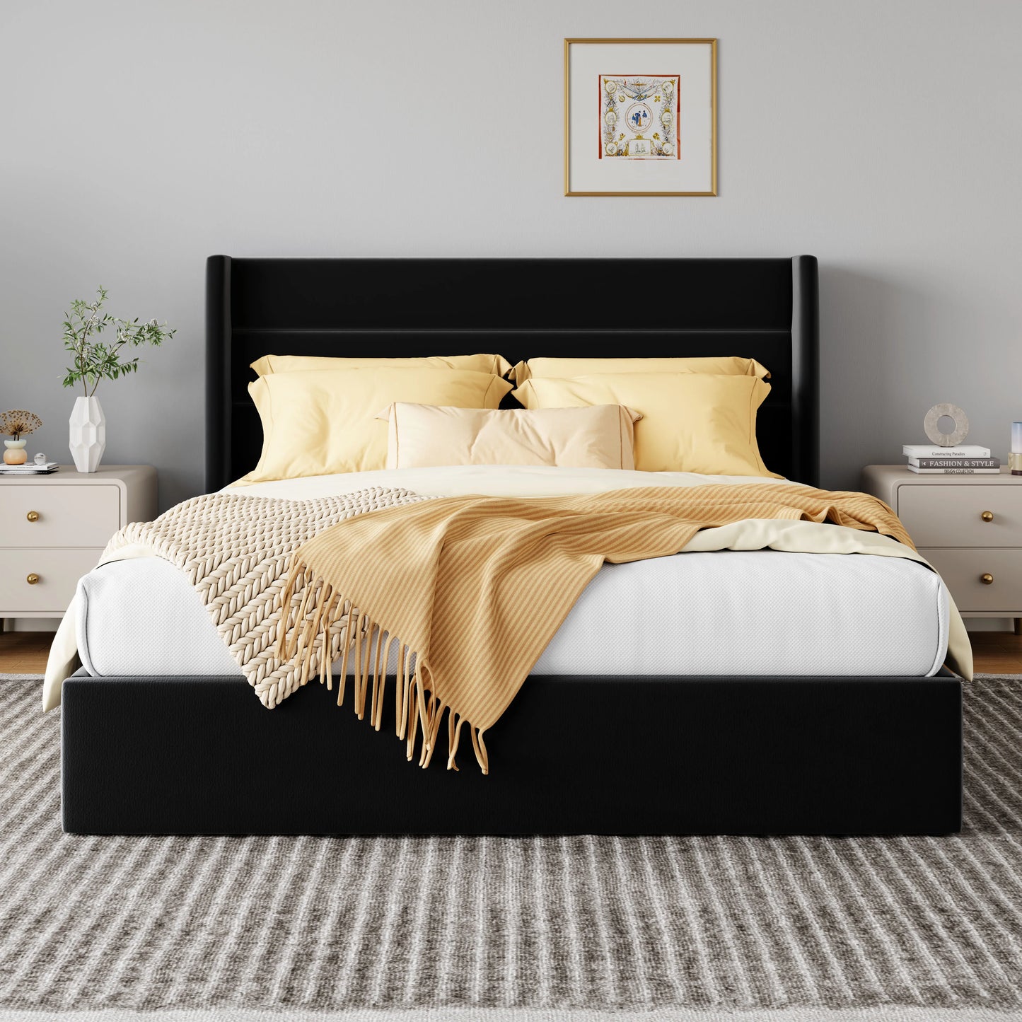 HOOMIC Lift Up Storage Bed With Wingback Headboard And Hydraulic Lift