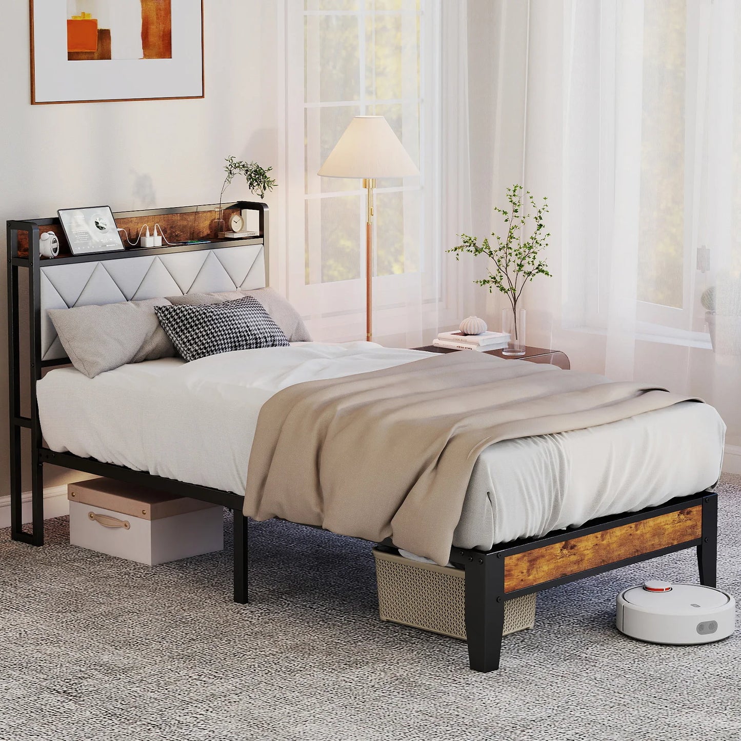 MCQ Metal Bed Frame With Storage Headboard And USB Charging