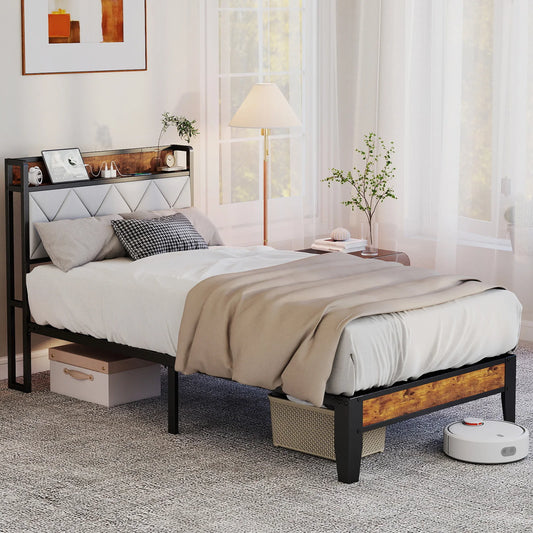 MCQ Metal Bed Frame With Storage Headboard And USB Charging