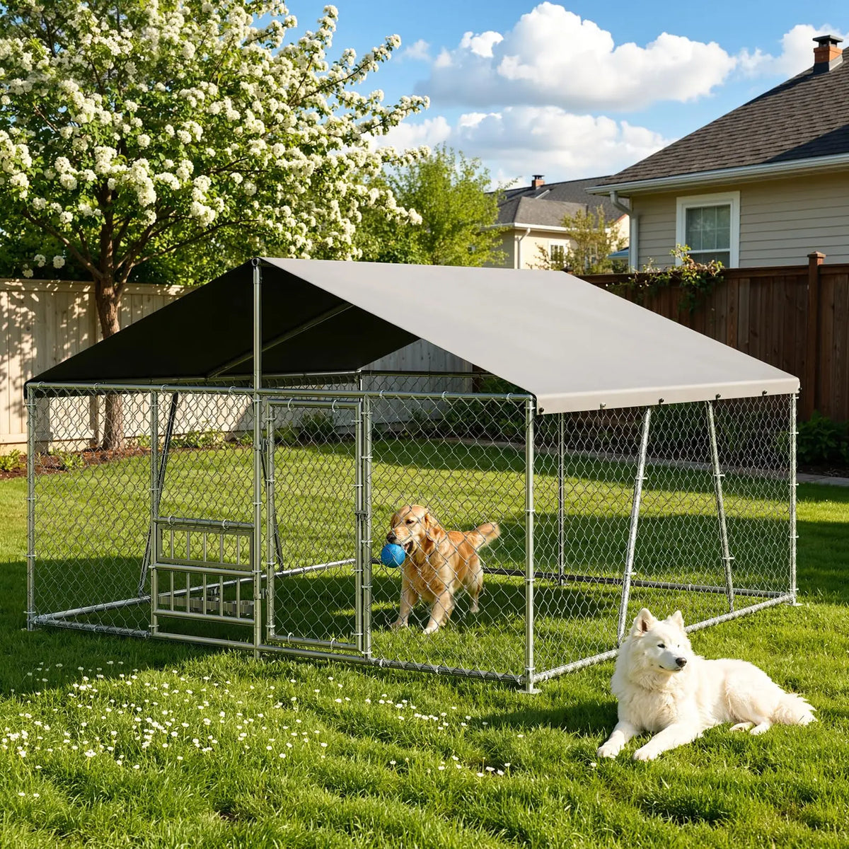 DishyKooker Heavy Duty Galvanized Dog Kennel With Waterproof Roof And Feeding Door