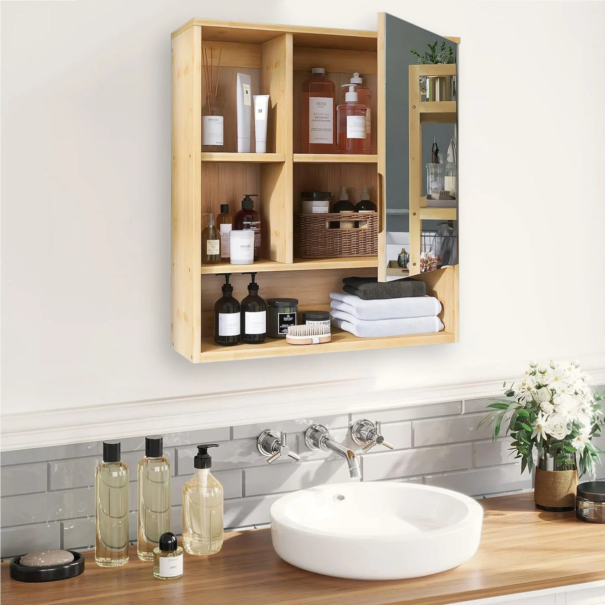Wall Mounted Bamboo Cabinet With Adjustable Mirror Shelf