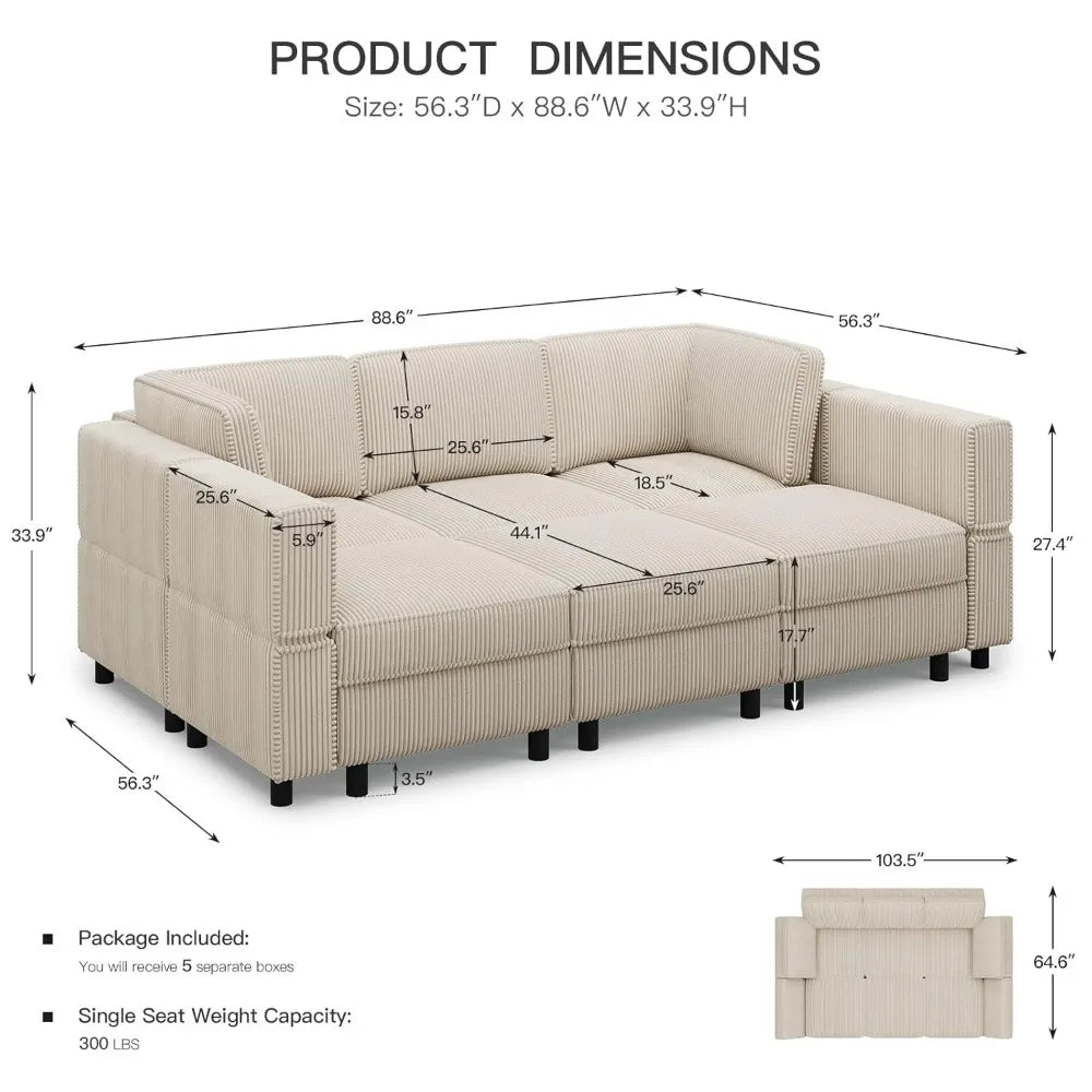 XIAOLANG Modular Sectional Sofa With Deep Storage Corduroy Convertible Sleeper