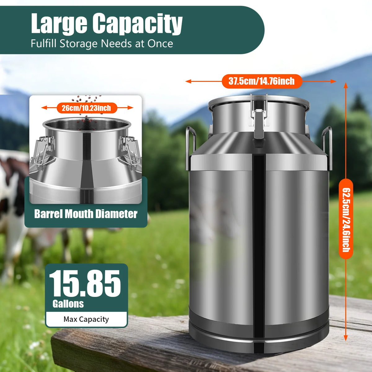 Milk Can, 60L Stainless Steel Milk Bucket, Durable Non-Magnetic 201 Stainless Steel, Silicone Seal, Leak-Proof, Household Kitchen Storage Container