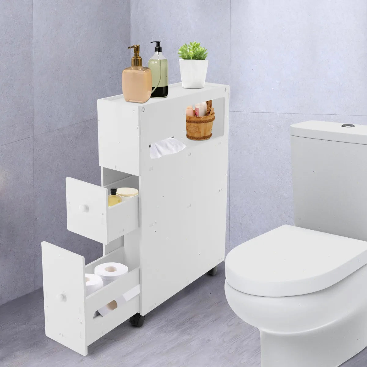 Bymaocar Narrow PVC Bathroom Storage Cabinet With Brakes