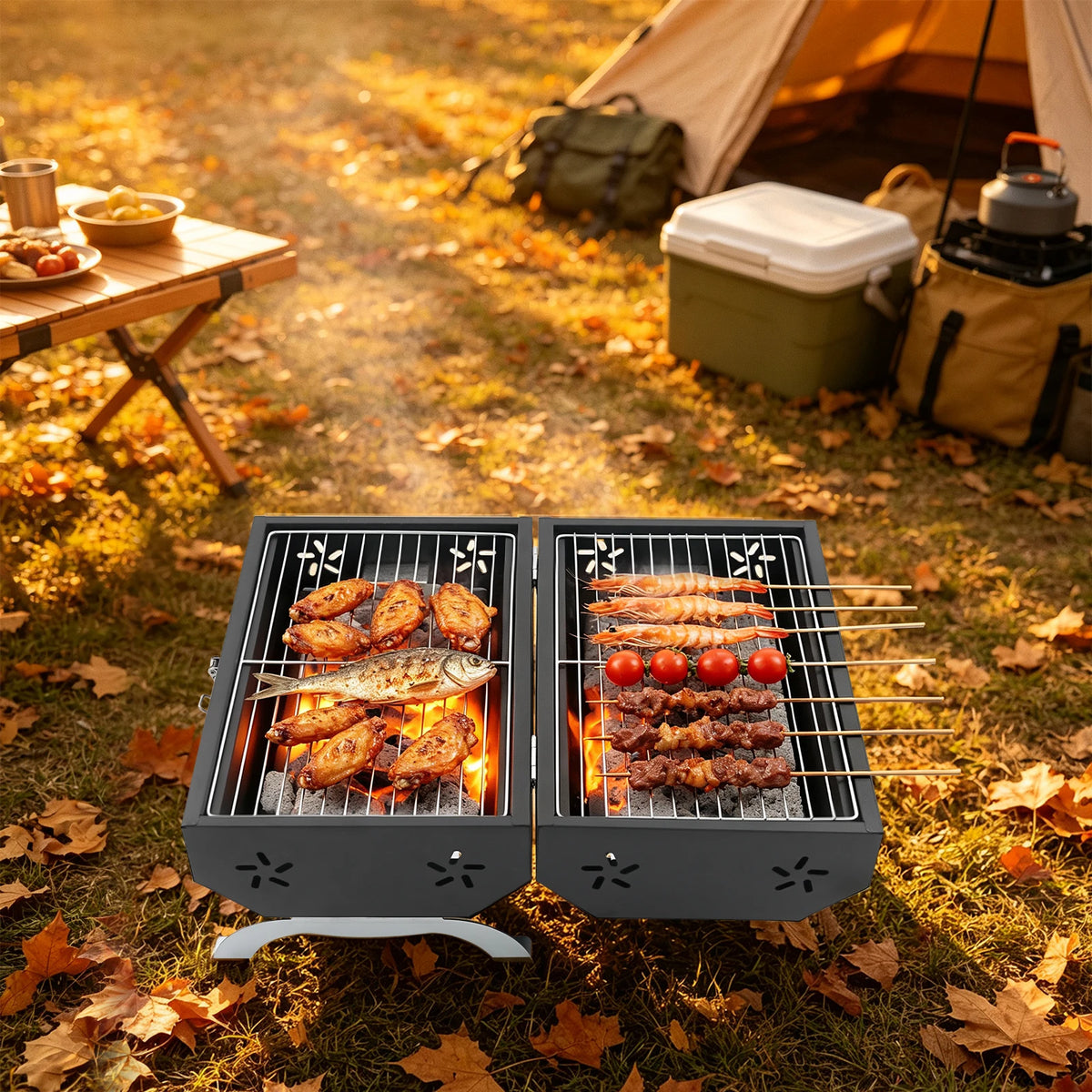 Portable Charcoal Grill, Tabletop Outdoor Barbecue Grill, Double-Sided Folding BBQ Grill for Camping Picnics