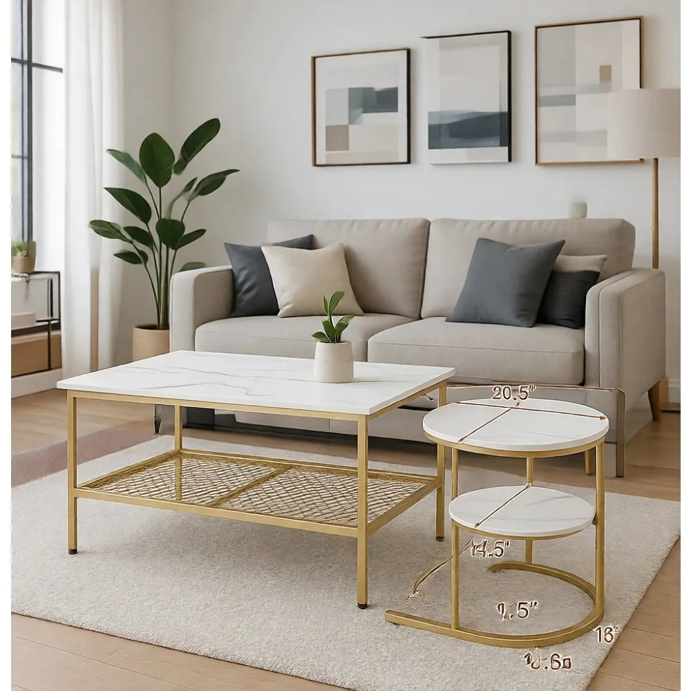 Modern Nesting Coffee Tables With Faux Marble And Metal Frames