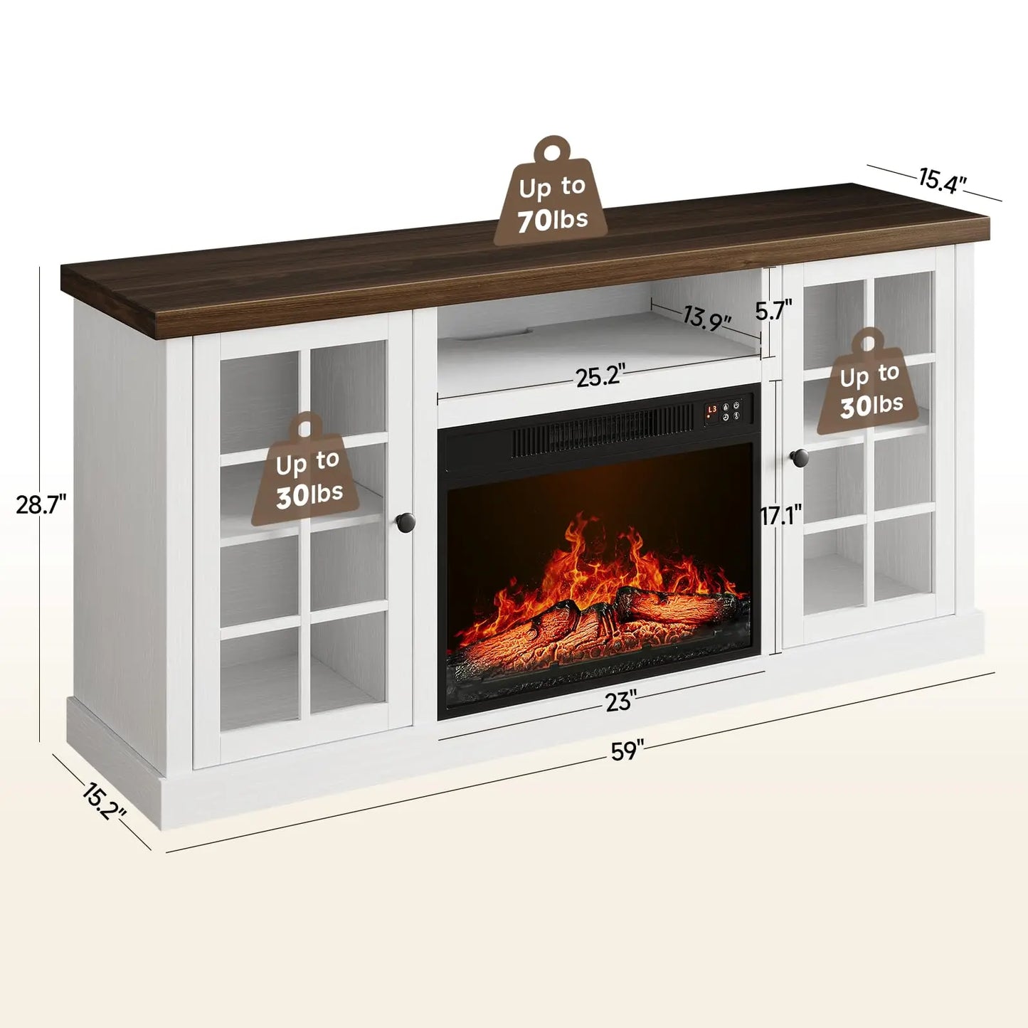 ONBRILL Farmhouse TV Stand With Electric Fireplace And Glass Doors