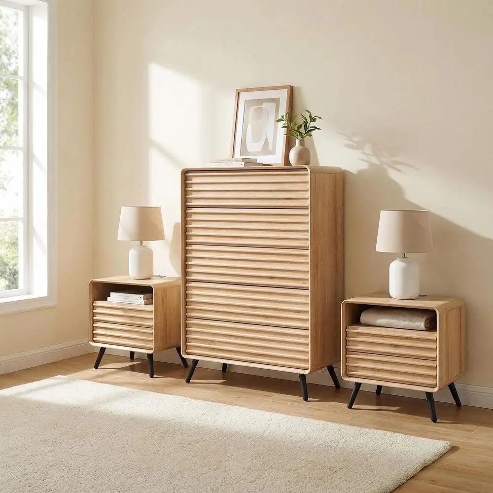 Mid Century Modern Fluted Wood Five Drawer Dresser