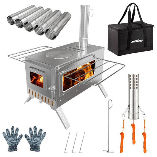 Portable Stainless Steel Tent Stove With 7 Chimney Pipes