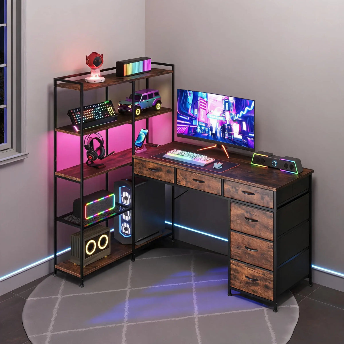 SUNVASAGOO L Shaped Gaming Desk With Power Outlets And Storage
