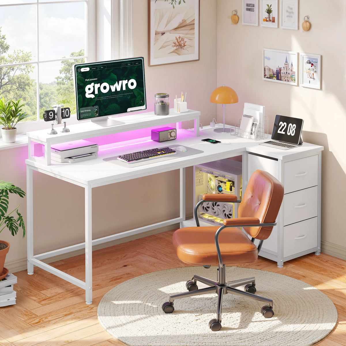 EnHomee L Shaped Desk With Monitor Stand And Power Strip