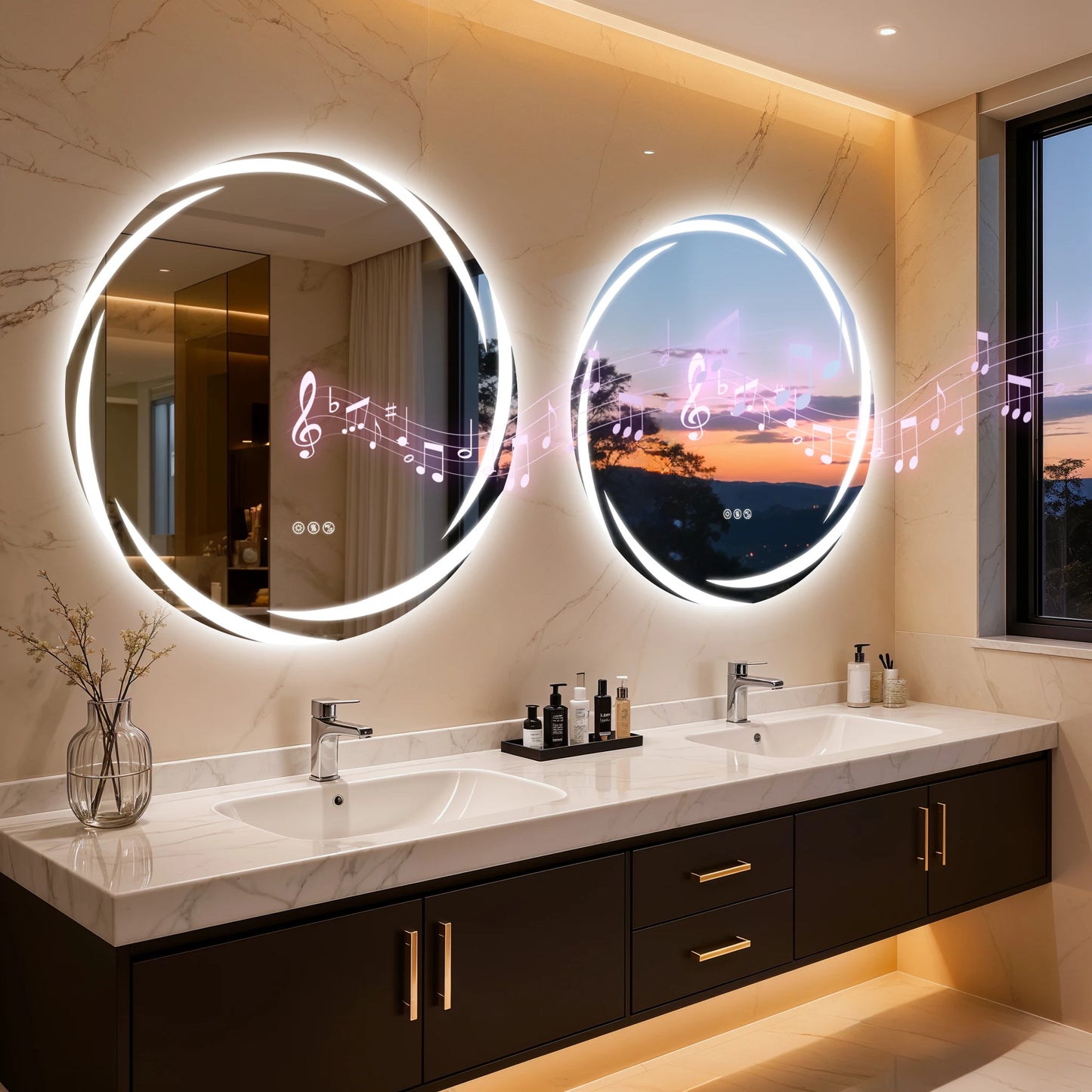 LED Bathroom Mirror With Bluetooth, Dual Speakers, Dimmable Defog Memory