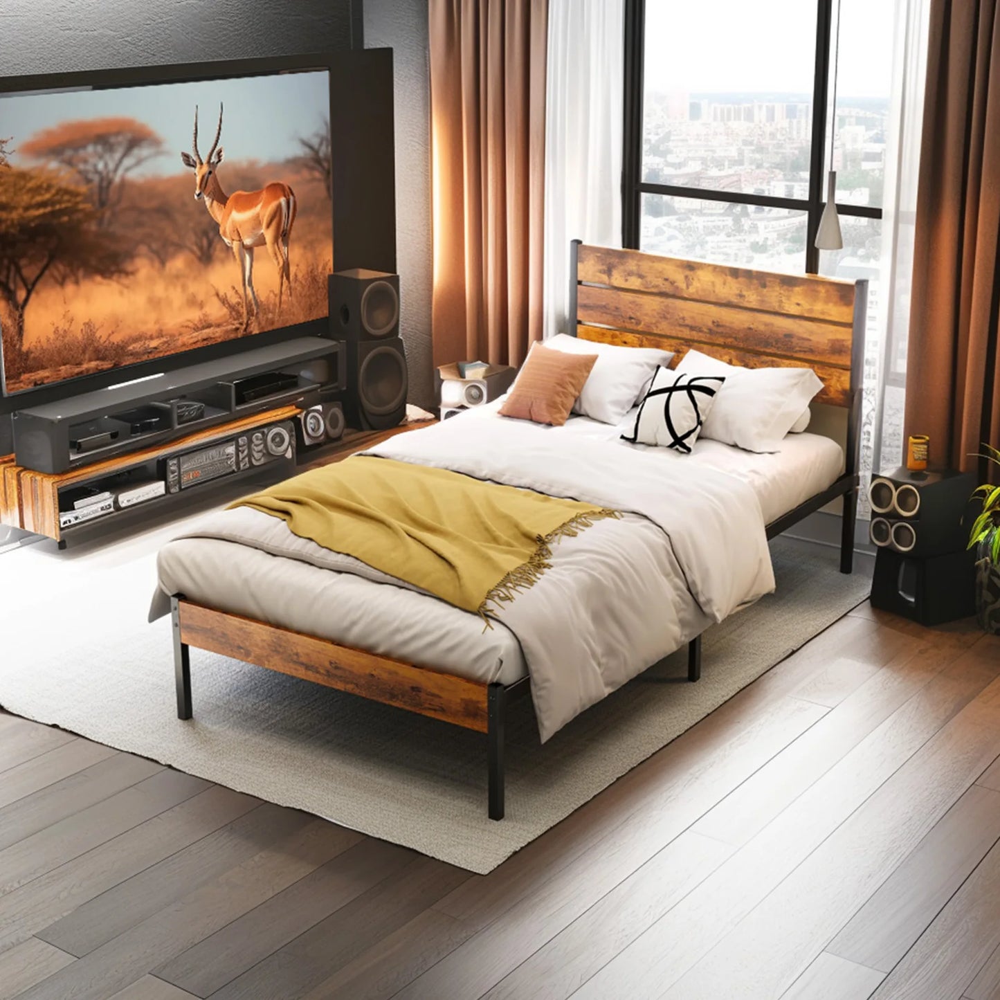 JHK Metal Platform Bed Frame With Headboard And Slats