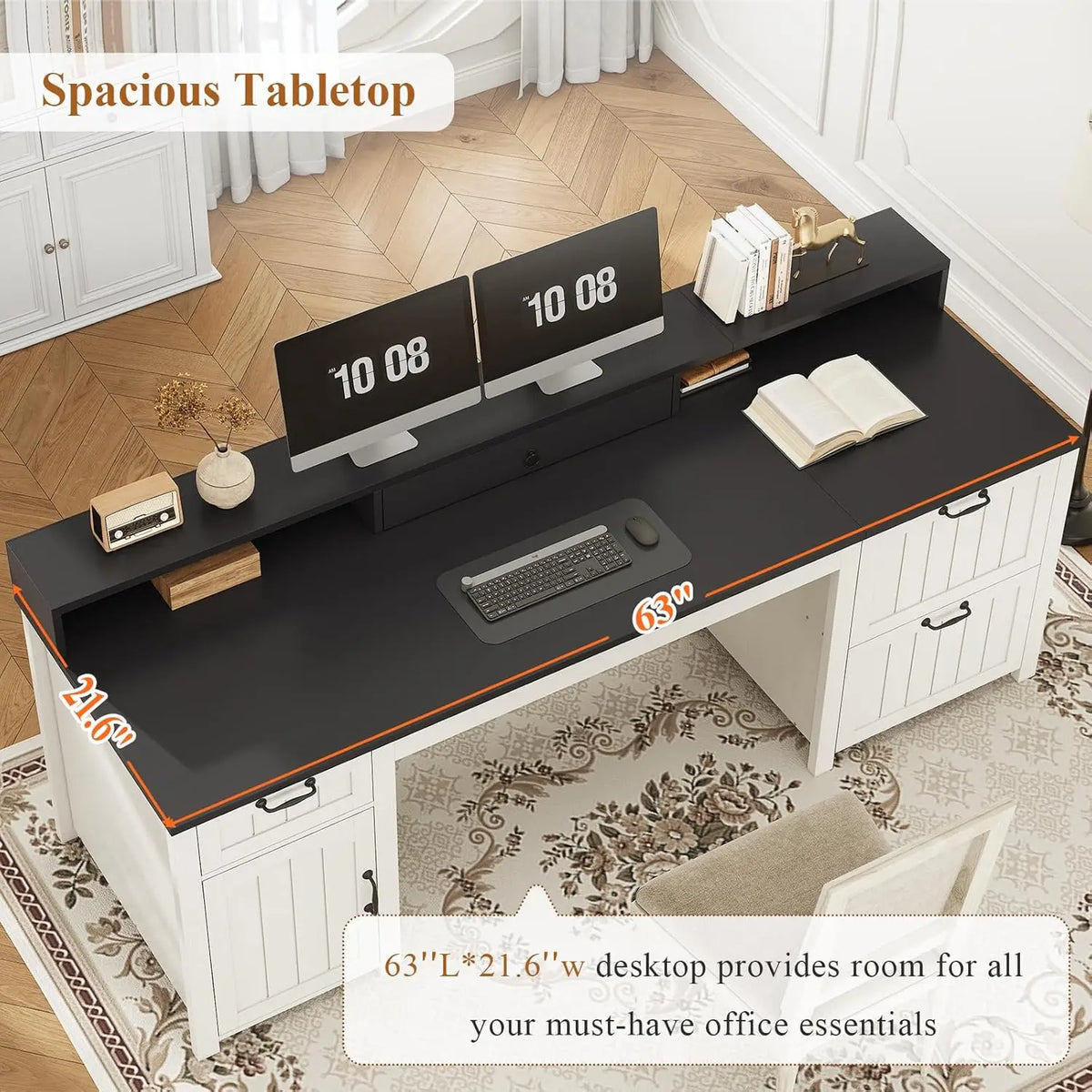 Farmhouse Office Desk With File Drawers And Monitor Stand
